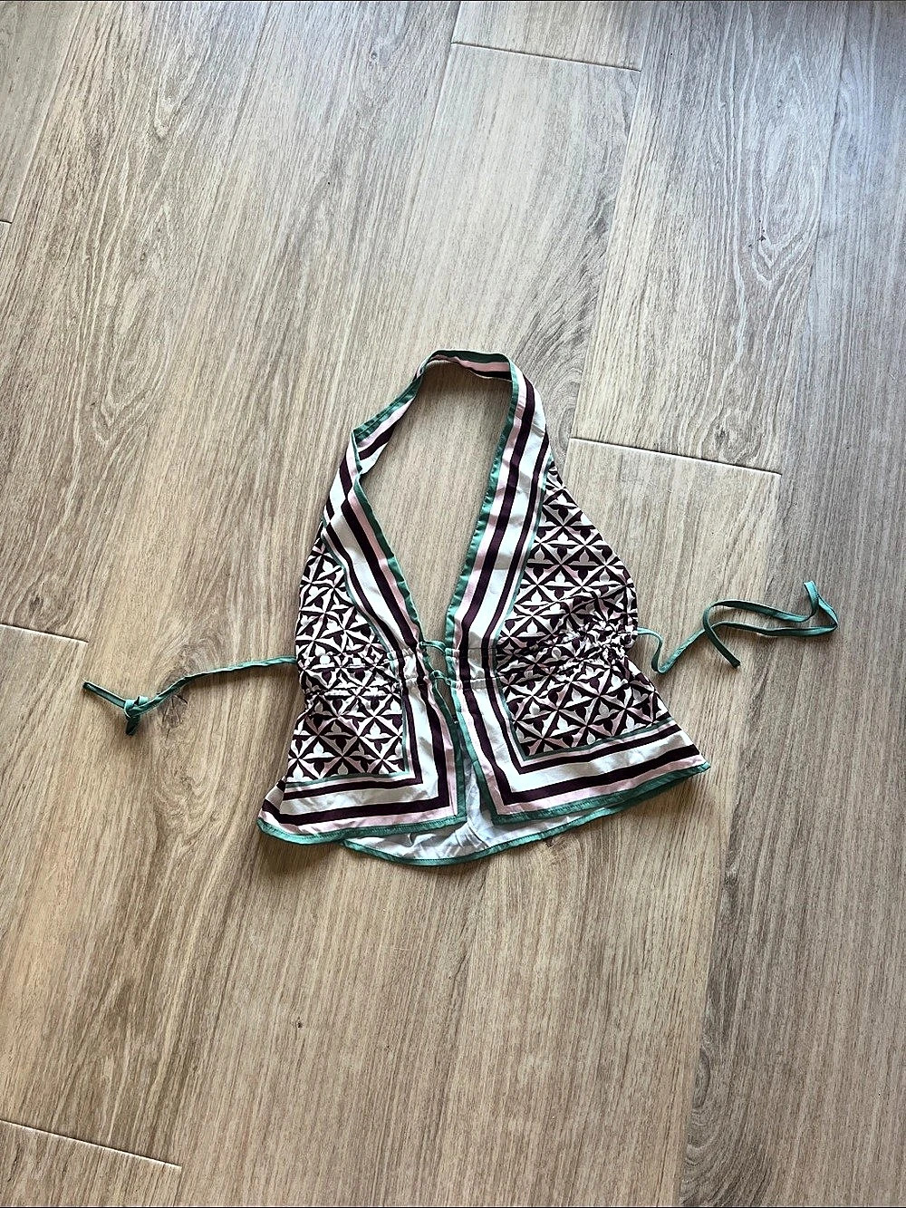 SHEIN Geometric Halter Crop Top in Brown & Green Small